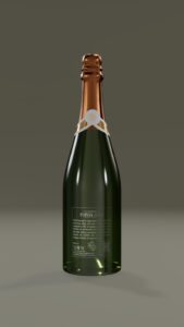 Bouteille de champagne Foissy-Joly 'La Belle de Noé' en verre vert foncé, avec une capsule cuivrée et une étiquette arrière détaillant les caractéristiques du vin, posée sur un fond uni.