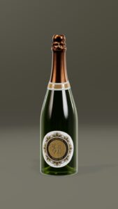 Bouteille de champagne vert foncé avec col en cuivre brillant et étiquette blanche et or élégante affichant 'La Belle de Noé' et 'Foissy-Joly'.