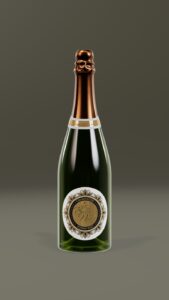 Bouteille de champagne La Belle de Noé Foissy-Joly sur fond uni. La bouteille vert foncé a une capsule cuivrée brillante et une étiquette blanche et or ornée de motifs floraux et de petits diamants, avec le nom 'La Belle de Noé' en calligraphie dorée.