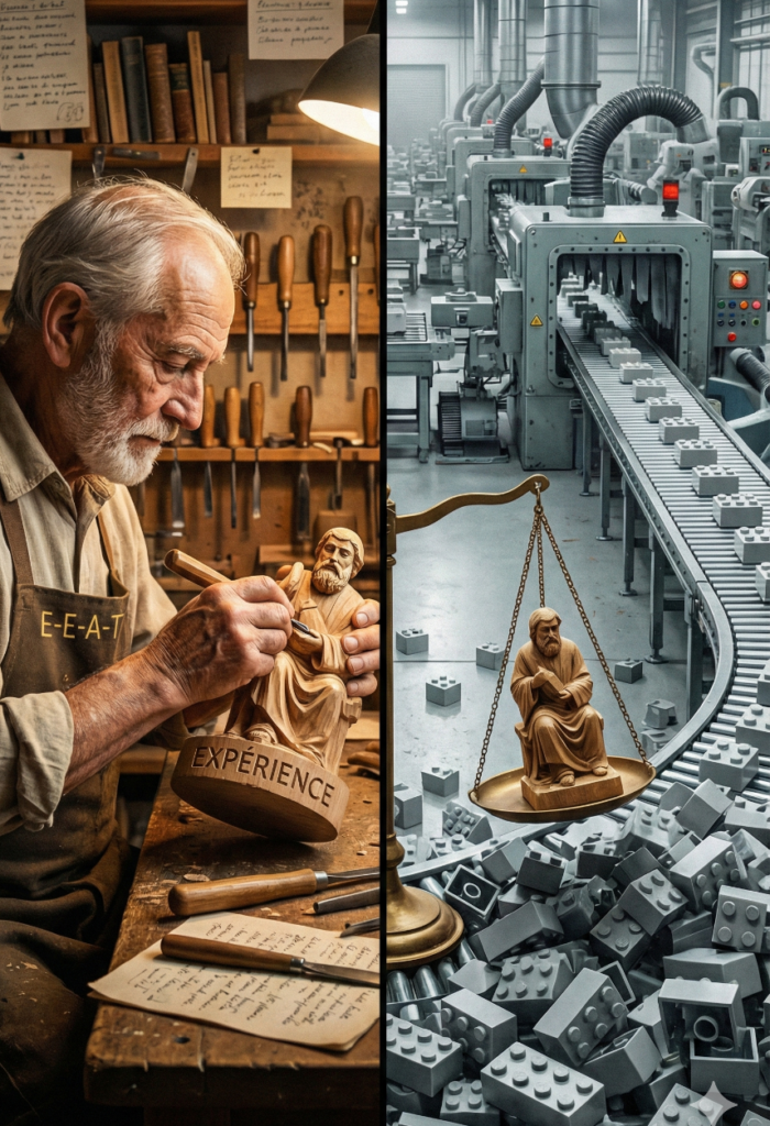 Image divisée verticalement. À gauche, un homme âgé barbu, portant un tablier marqué 'E-E-A-T', sculpte méticuleusement une statuette en bois représentant un homme assis lisant. La base de la sculpture porte l'inscription 'EXPÉRIENCE'. L'arrière-plan est un atelier chaleureux avec des outils de sculpteur. À droite, une usine moderne et grise avec un convoyeur transportant des blocs de construction gris uniformes. Une balance dorée est posée au centre, pesant une statuette en bois identique à celle sculptée contre une grande pile de ces blocs gris.