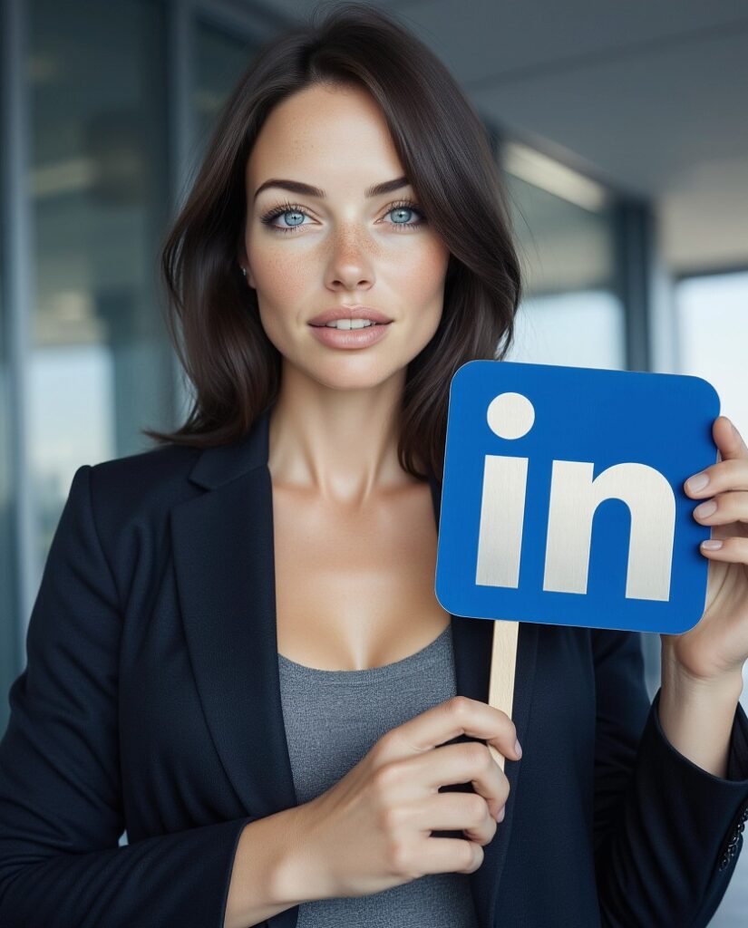 Une femme d'affaires au teint clair, aux longs cheveux châtains foncés et aux yeux bleus intenses, souriant légèrement à l'appareil photo. Elle porte un blazer bleu marine sur un top gris et tient à deux mains, devant elle, un panneau bleu vif avec le logo blanc de LinkedIn (les lettres 'in' et un point). L'arrière-plan est flou, montrant l'intérieur moderne et lumineux d'un bureau ou d'un immeuble d'affaires avec des baies vitrées, évoquant un environnement professionnel.