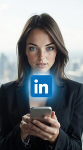 Une femme glamour aux longs cheveux bruns et lunettes, vêtue d'une robe noire à col montant avec une découpe en forme de goutte d'eau, tenant un trophée transparent du logo TikTok. L'arrière-plan flou montre des lumières de ville nocturnes.