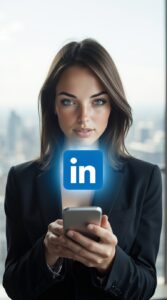 Une femme professionnelle aux yeux bleus intenses, vêtue d'un blazer noir, tenant un smartphone. Le logo LinkedIn bleu lumineux est superposé devant elle, symbolisant la connexion et l'influence professionnelle sur cette plateforme.