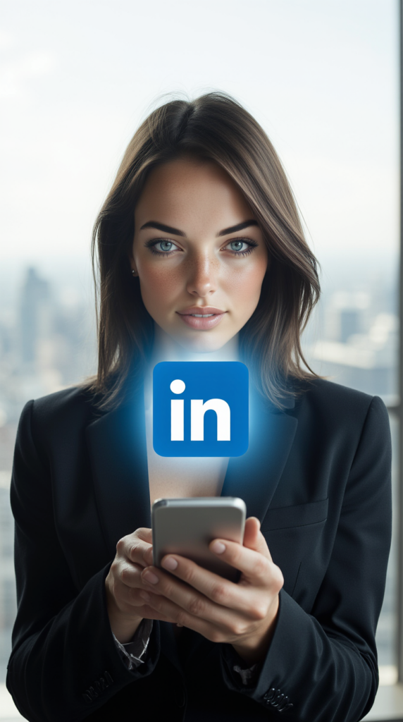 Jeune femme professionnelle aux longs cheveux bruns et aux yeux bleus, vêtue d'un blazer noir, tenant un smartphone argenté. Un logo LinkedIn bleu lumineux flotte au-dessus du téléphone, au niveau de sa poitrine. Elle fixe l'objectif avec assurance, sur un fond flou de skyline urbaine.