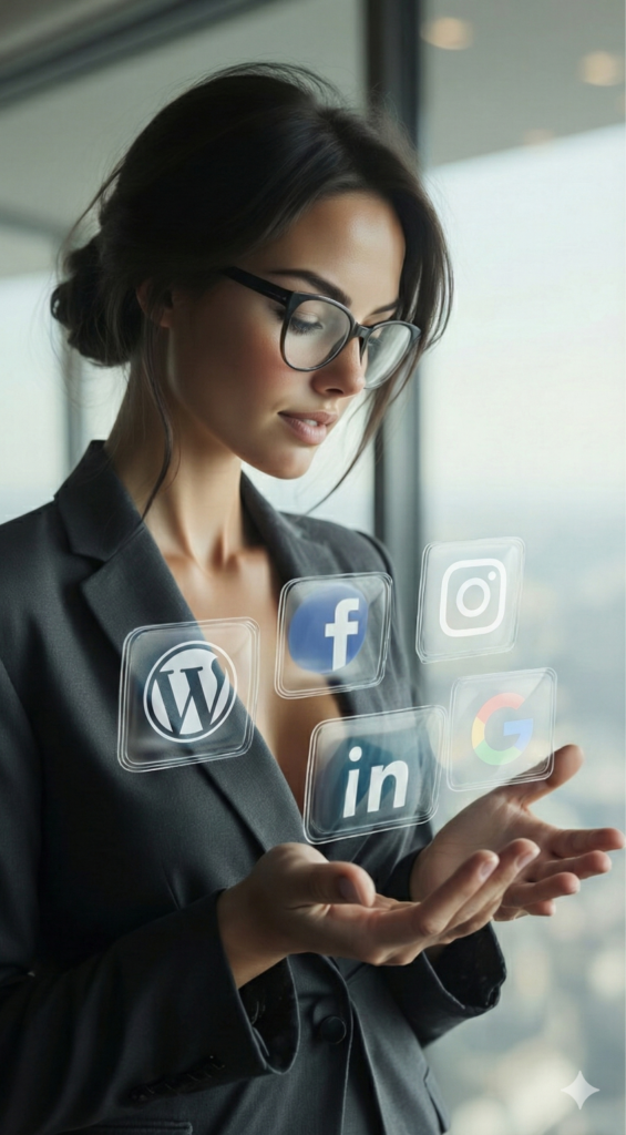 Une femme élégante en costume anthracite et lunettes, les cheveux attachés, regardant des icônes holographiques lumineuses de WordPress, Facebook, LinkedIn, Instagram, et Google flottant au-dessus de ses mains dans un bureau moderne.