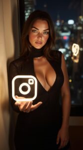 Une femme aux cheveux bruns et aux yeux verts tient un logo Instagram lumineux dans sa main droite, vêtue d'une robe noire à col montant et décolleté plongeant, avec une ville illuminée en arrière-plan la nuit.