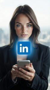 Femme professionnelle aux cheveux bruns et yeux bleus tenant un smartphone, avec le logo LinkedIn lumineux flottant devant elle, symbolisant le succès professionnel et le réseautage. Elle porte un blazer noir et regarde directement l'objectif.