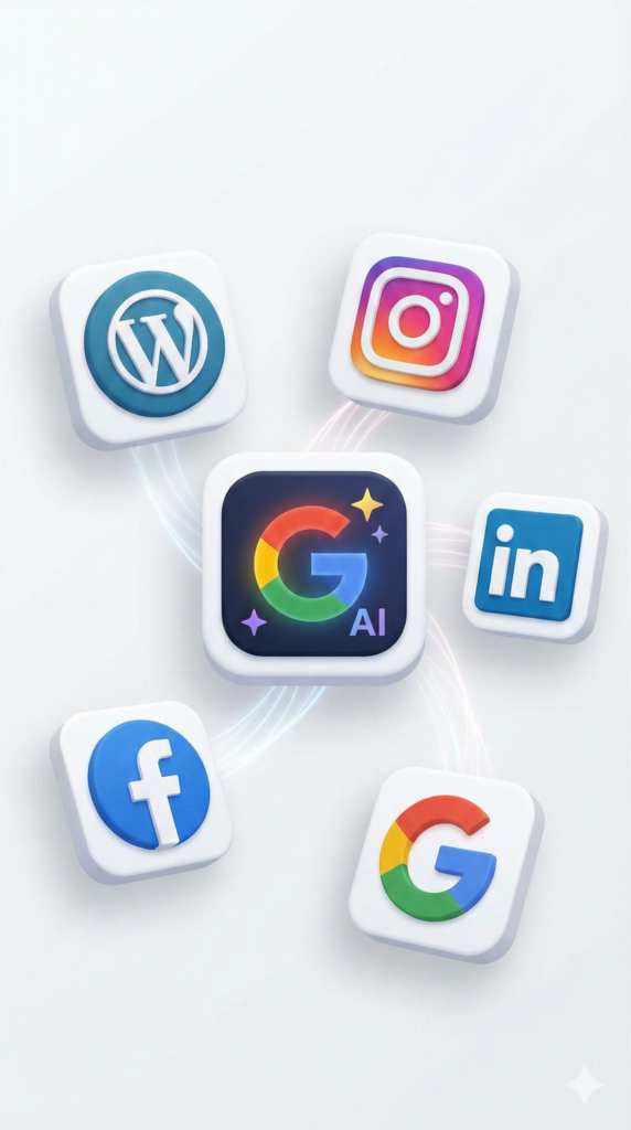 Une illustration 3D stylisée sur fond blanc montrant un carré central sombre avec le logo multicolore 'G AI' de Google Intelligence Artificielle, entouré d'effets lumineux néons. Autour de ce centre, cinq icônes d'applications populaires flottent en 3D avec des ombres douces : WordPress (bleu), Instagram (dégradé), LinkedIn (bleu), Google (multicolore) et Facebook (bleu). L'ensemble suggère l'intégration de l'IA de Google avec ces différentes plateformes.