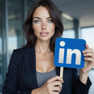 Une femme aux cheveux bruns et aux yeux bleus intenses, vêtue d'un blazer sombre, tient une pancarte bleue avec le logo blanc de LinkedIn. Elle regarde la caméra avec un léger sourire dans un environnement de bureau moderne.