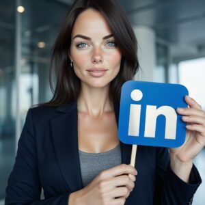 Jeune femme aux cheveux bruns et aux yeux bleus, vêtue d'un blazer bleu marine, tenant un panneau bleu avec le logo LinkedIn (les lettres 'in' et un point blanc).
