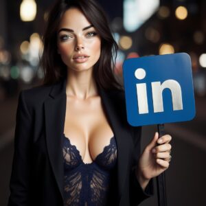 Jeune femme aux cheveux bruns, yeux clairs et taches de rousseur, portant un blazer noir ouvert sur un body en dentelle bleu foncé, tenant une pancarte bleue avec le logo LinkedIn "in" en argent. L'arrière-plan présente des lumières de ville floues.