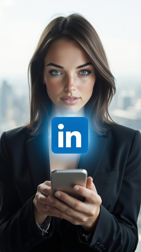 Une jeune femme professionnelle aux longs cheveux bruns et aux yeux bleus intenses, vêtue d'un blazer noir, tient un smartphone. Un logo LinkedIn lumineux est projeté au-dessus de ses mains, symbolisant la connexion et le réseautage professionnel.