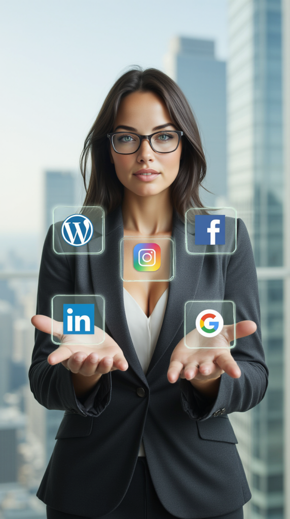 Une femme élégante aux cheveux bruns et lunettes, vêtue d'un blazer gris et d'un top blanc décolleté, présente des icônes holographiques de WordPress, Instagram, Facebook, LinkedIn et Google flottant au-dessus de ses mains ouvertes. L'arrière-plan flou montre des gratte-ciel modernes, suggérant un environnement d'affaires et de technologie. Elle regarde directement l'objectif avec un air confiant et expert.