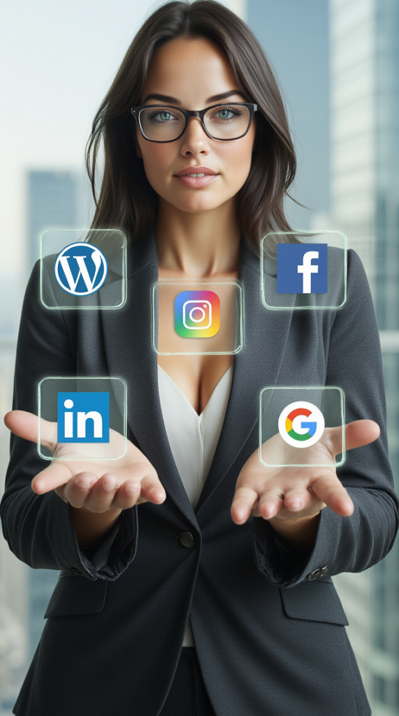 Une femme élégante en blazer anthracite et chemise blanche, portant des lunettes, présente avec ses mains ouvertes cinq icônes lumineuses et translucides représentant les logos de WordPress, Instagram, Facebook, LinkedIn et Google, flottant devant elle. L'arrière-plan est un bureau moderne et lumineux avec une vue sur une ville.