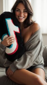 Une jeune femme aux cheveux bruns et aux taches de rousseur sourit chaleureusement en tenant un coussin moelleux noir avec le logo TikTok. Elle porte un pull gris décontracté et est assise, regardant directement l'objectif.