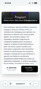 Interface QuickPost v3 de CREA_LAB, montrant la création de vidéos professionnelles assistée par IA pour une communication digitale révolutionnaire.