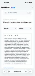 Interface mobile de l'application QuickPost v3 montrant l'édition d'un contenu, illustrant la création vidéo digitale assistée par IA.