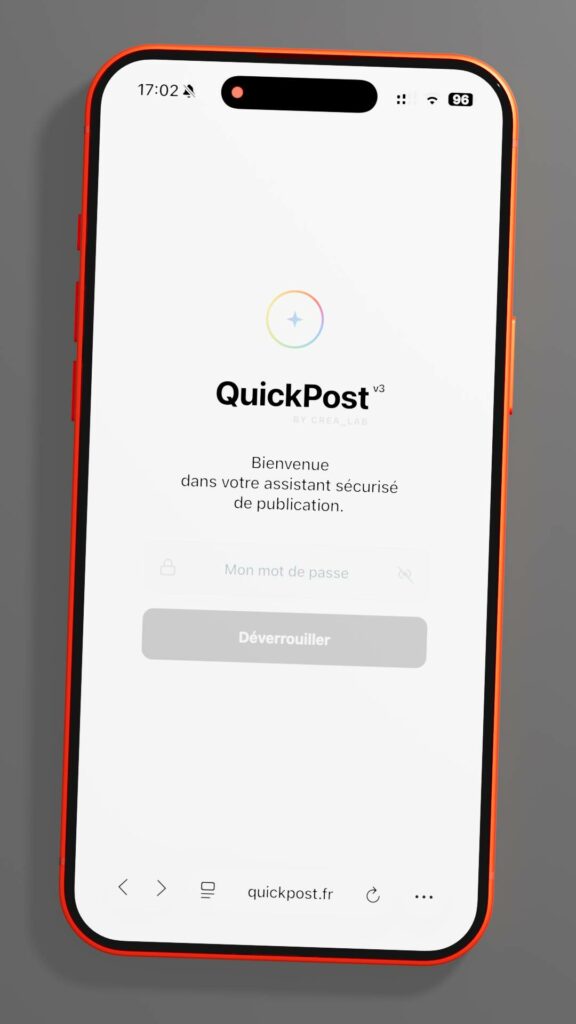 Interface de connexion QuickPost v3 de CREA_LAB sur smartphone, présentant l'assistant sécurisé de publication vidéo digitale propulsé par l'IA.