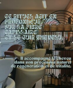 Vue en légère contre-plongée d'un intérieur de salon de coiffure holistique, présentant deux bacs à shampoing blancs en céramique au premier plan gauche. À droite, une étagère en métal noir avec une arche supérieure expose des pots en verre transparents et beiges remplis de poudres ayurvédiques étiquetées, ainsi que divers flacons de produits capillaires naturels aux teintes ambrées et sombres. Une grande plante verte luxuriante et un fauteuil rose pâle sont visibles en arrière-plan, près d'une fenêtre. Le texte superposé en vert menthe clair indique 'CE RITUEL AGIT EN PROFONDEUR, SUR LA FIBRE CAPILLAIRE ET LE CUIR CHEVELU. Il accompagne le cheveu dans son processus naturel de régénération et de vitalité.'