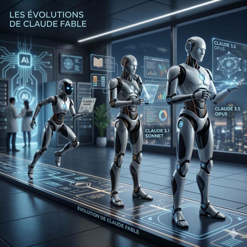 Trois robots humanoïdes futuristes, représentant l'évolution des modèles d'IA Claude Fable : Claude 3 Haiku, Claude 3.1 Sonnet et Claude 3.5 Opus. Ils sont présentés dans un laboratoire high-tech avec des interfaces holographiques, symbolisant la puissance et la progression de l'intelligence artificielle d'Anthropic.