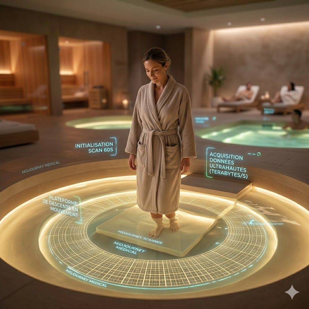 Une femme en peignoir utilise le scanner à ultrasons futuriste Midjourney Medical dans un environnement de spa, avec des interfaces holographiques affichant l'initialisation du scan et l'acquisition de données ultra-rapides. Cette technologie innovante promet de remplacer les IRM traditionnelles.