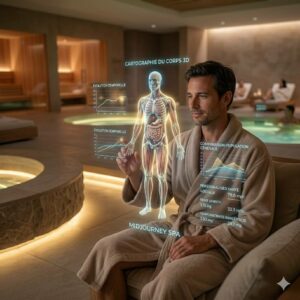 Un homme en peignoir dans un spa interagit avec une interface holographique de Midjourney Medical affichant une cartographie 3D du corps humain et des données de santé personnalisées issues d'un scanner à ultrasons.