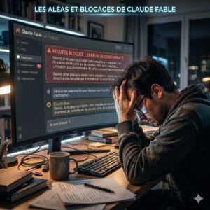 Un homme frustré, la tête dans les mains, devant un écran d'ordinateur affichant des messages 'Requête bloquée / Erreur de conformité' de l'IA Claude Fable (v3.5 Opus) en raison de directives de sécurité et de droit d'auteur. L'image illustre les limites et la censure de l'intelligence artificielle.
